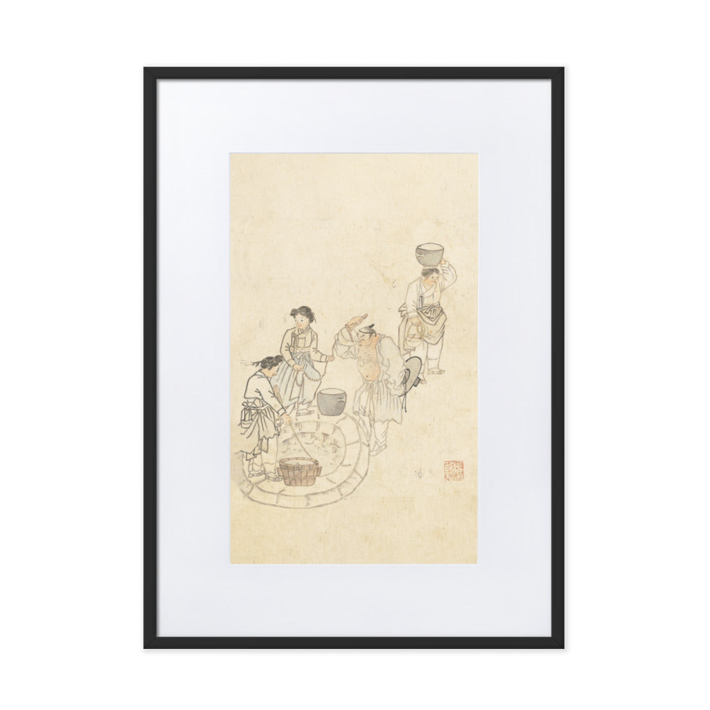 bei der Quelle, Umulga, Kim Hong-do - Poster im Rahmen mit Passepartout Hong-do Kim Schwarz / 50×70 cm artlia