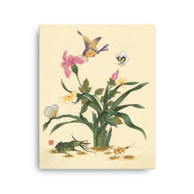 Blumen, Schmetteringe und Frosch - Leinwand artlia 16″×20″ artlia