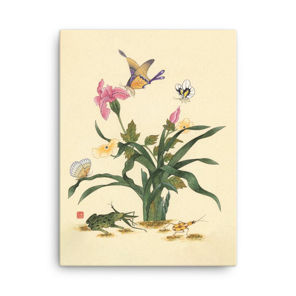 Blumen, Schmetteringe und Frosch - Leinwand artlia 18″×24″ artlia