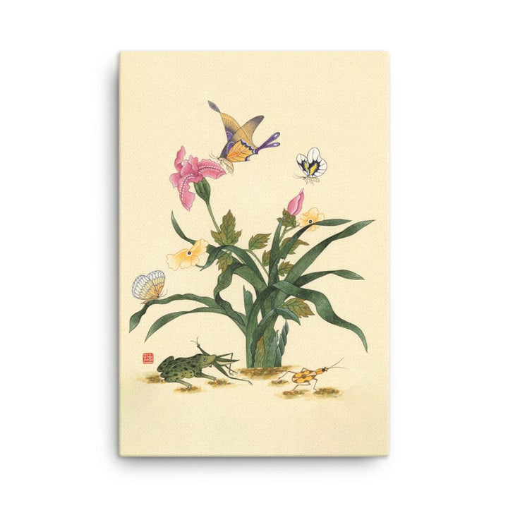 Blumen, Schmetteringe und Frosch - Leinwand artlia 24″×36″ artlia