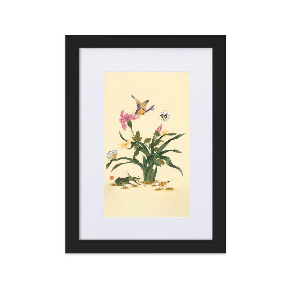 Blumen, Schmetteringe und Frosch - Poster im Rahmen mit Passepartout artlia Schwarz / 21×30 cm artlia