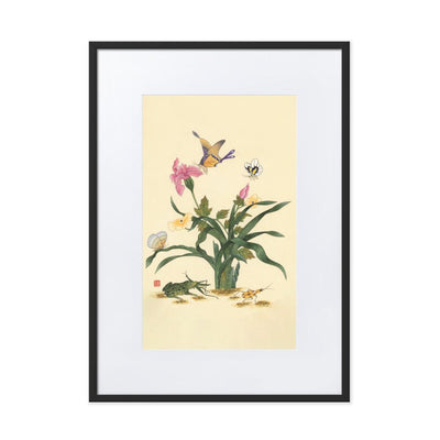 Blumen, Schmetteringe und Frosch - Poster im Rahmen mit Passepartout artlia Schwarz / 50×70 cm artlia