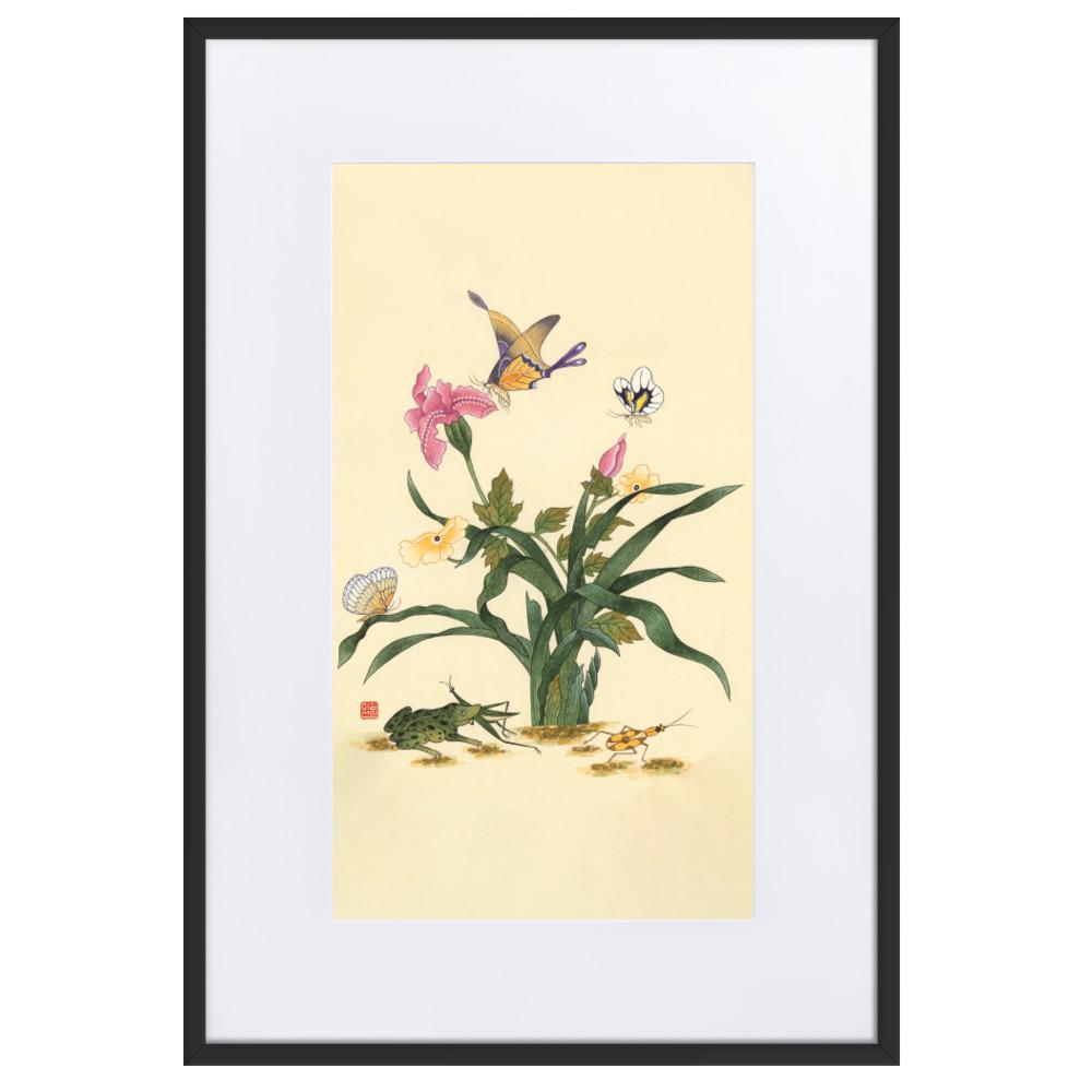 Blumen, Schmetteringe und Frosch - Poster im Rahmen mit Passepartout artlia Schwarz / 61×91 cm artlia
