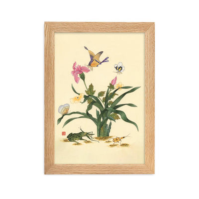 Blumen, Schmetteringe und Frosch - Poter im Rahmen artlia Oak / 21×30 cm artlia