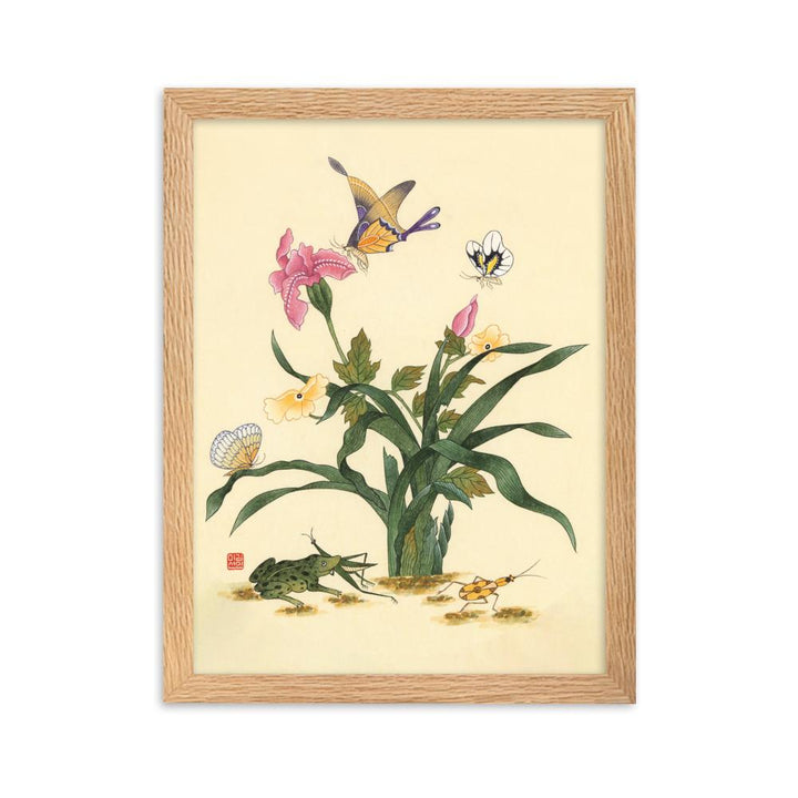 Blumen, Schmetteringe und Frosch - Poter im Rahmen artlia Oak / 30×40 cm artlia