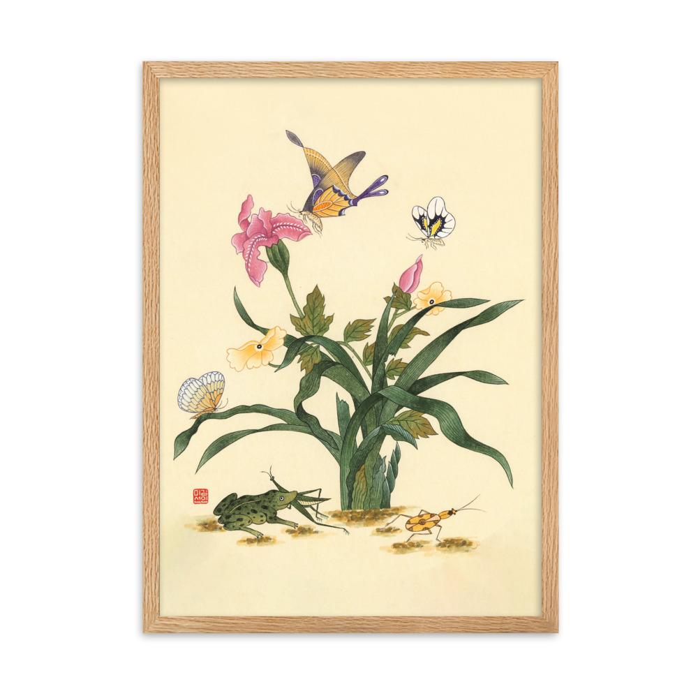 Blumen, Schmetteringe und Frosch - Poter im Rahmen artlia Oak / 50×70 cm artlia
