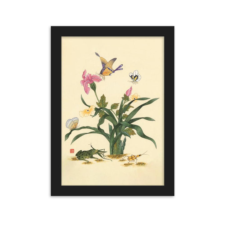 Blumen, Schmetteringe und Frosch - Poter im Rahmen artlia Schwarz / 21×30 cm artlia