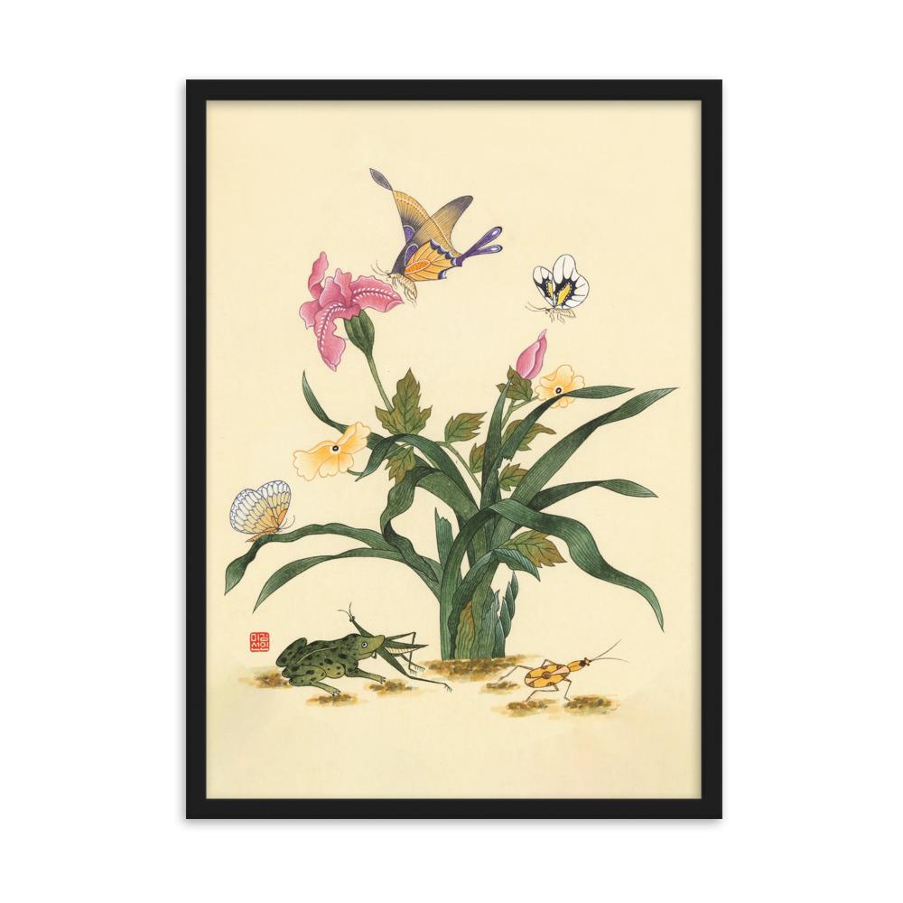 Blumen, Schmetteringe und Frosch - Poter im Rahmen artlia Schwarz / 50×70 cm artlia