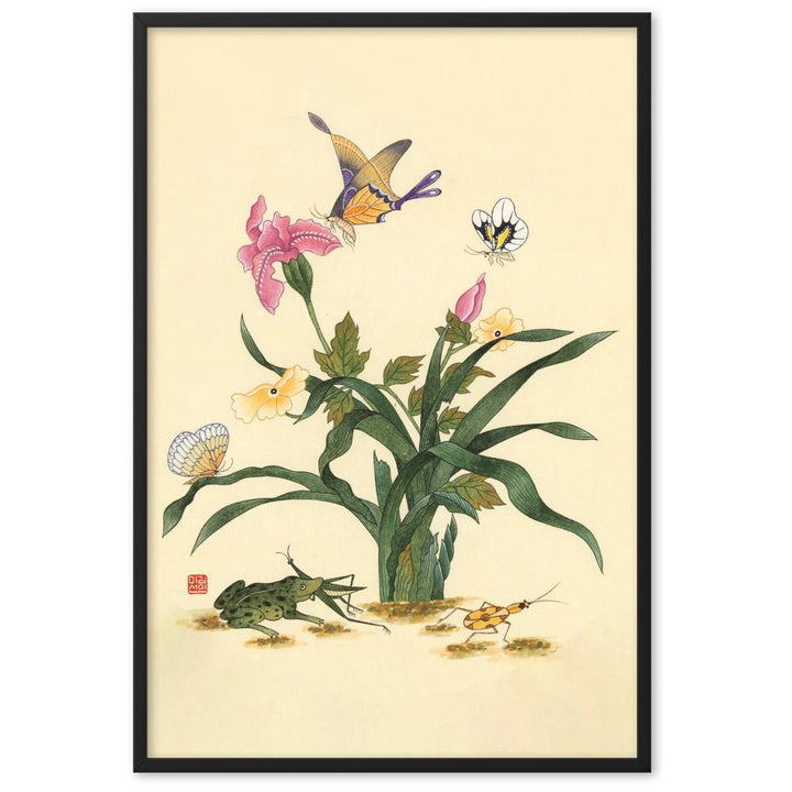 Blumen, Schmetteringe und Frosch - Poter im Rahmen artlia Schwarz / 61×91 cm artlia
