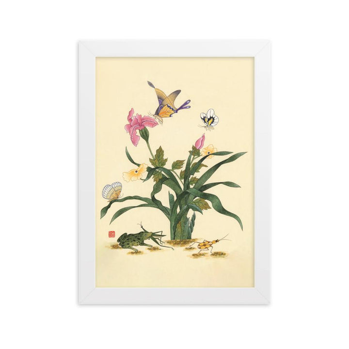 Blumen, Schmetteringe und Frosch - Poter im Rahmen artlia Weiß / 21×30 cm artlia