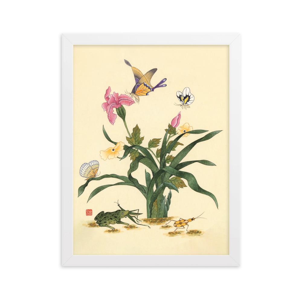 Blumen, Schmetteringe und Frosch - Poter im Rahmen artlia Weiß / 30×40 cm artlia
