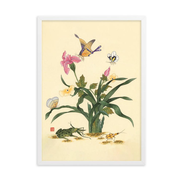 Blumen, Schmetteringe und Frosch - Poter im Rahmen artlia Weiß / 50×70 cm artlia