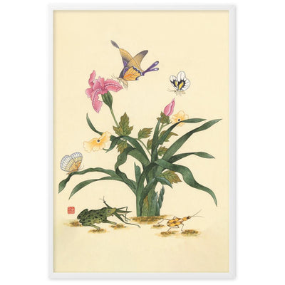 Blumen, Schmetteringe und Frosch - Poter im Rahmen artlia Weiß / 61×91 cm artlia