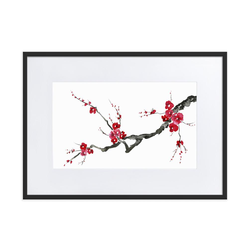 Pflaumenblüten - Poster im Rahmen mit Passepartout Kuratoren von artlia schwarz / 50×70 cm artlia