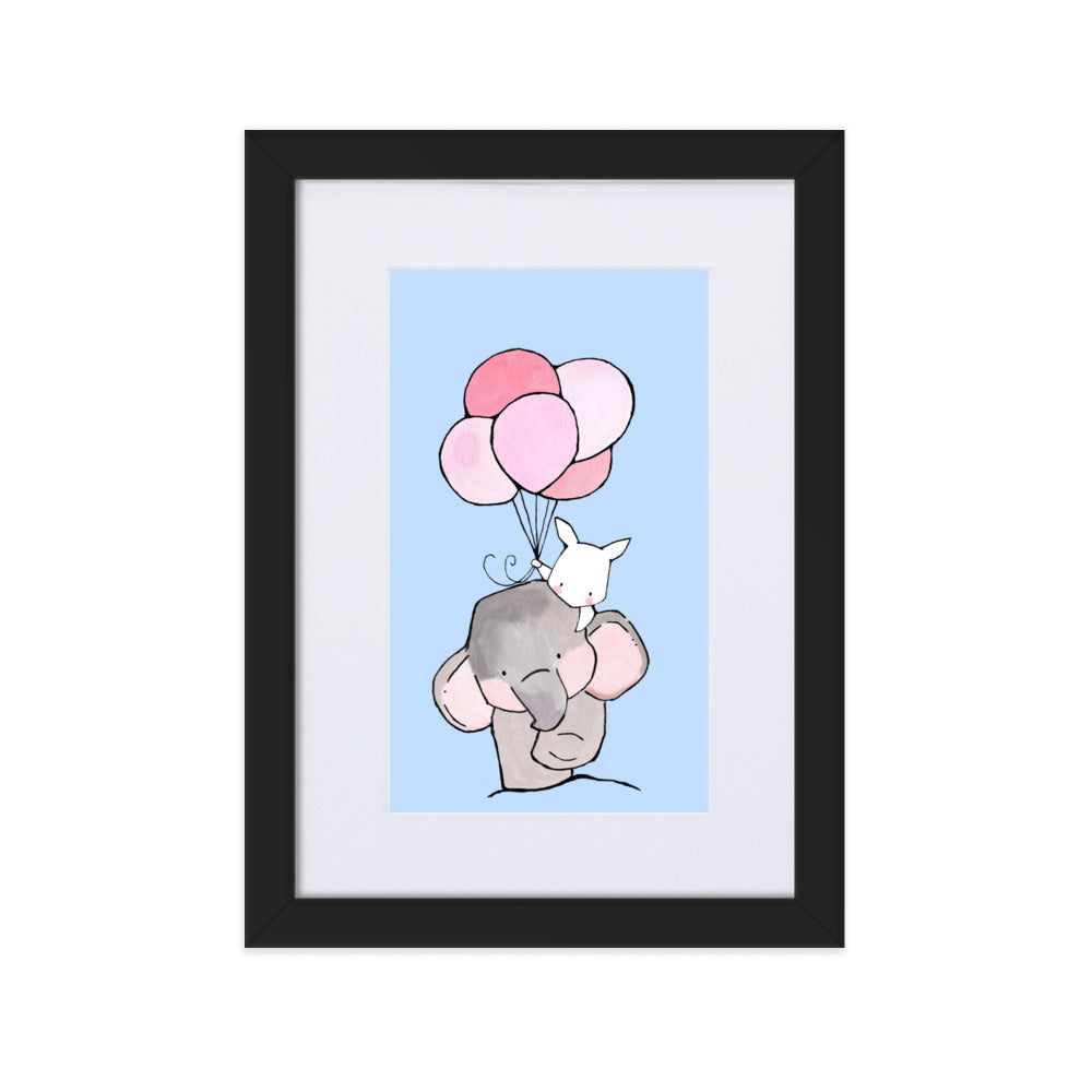 Poster mit Passepartout - Elefant und Hase mit Luftballon Kuratoren von artlia Schwarz / 21×30 cm artlia