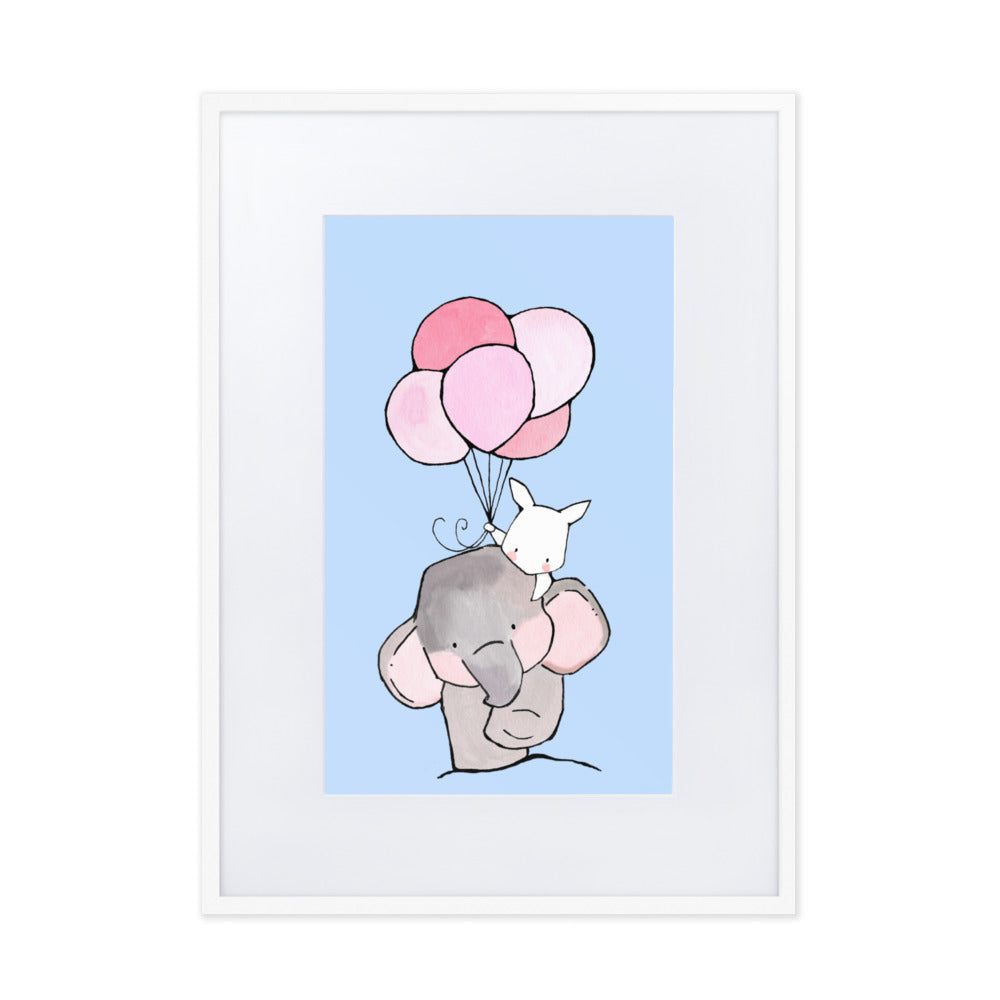 Poster mit Passepartout - Elefant und Hase mit Luftballon Kuratoren von artlia Weiß / 50×70 cm artlia