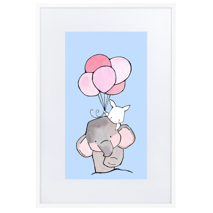 Poster mit Passepartout - Elefant und Hase mit Luftballon Kuratoren von artlia Weiß / 61×91 cm artlia