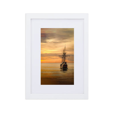 Poster mit Passepartout - Schiff im Sonnenuntergang Kuratoren von artlia Weiß / 21×30 cm artlia