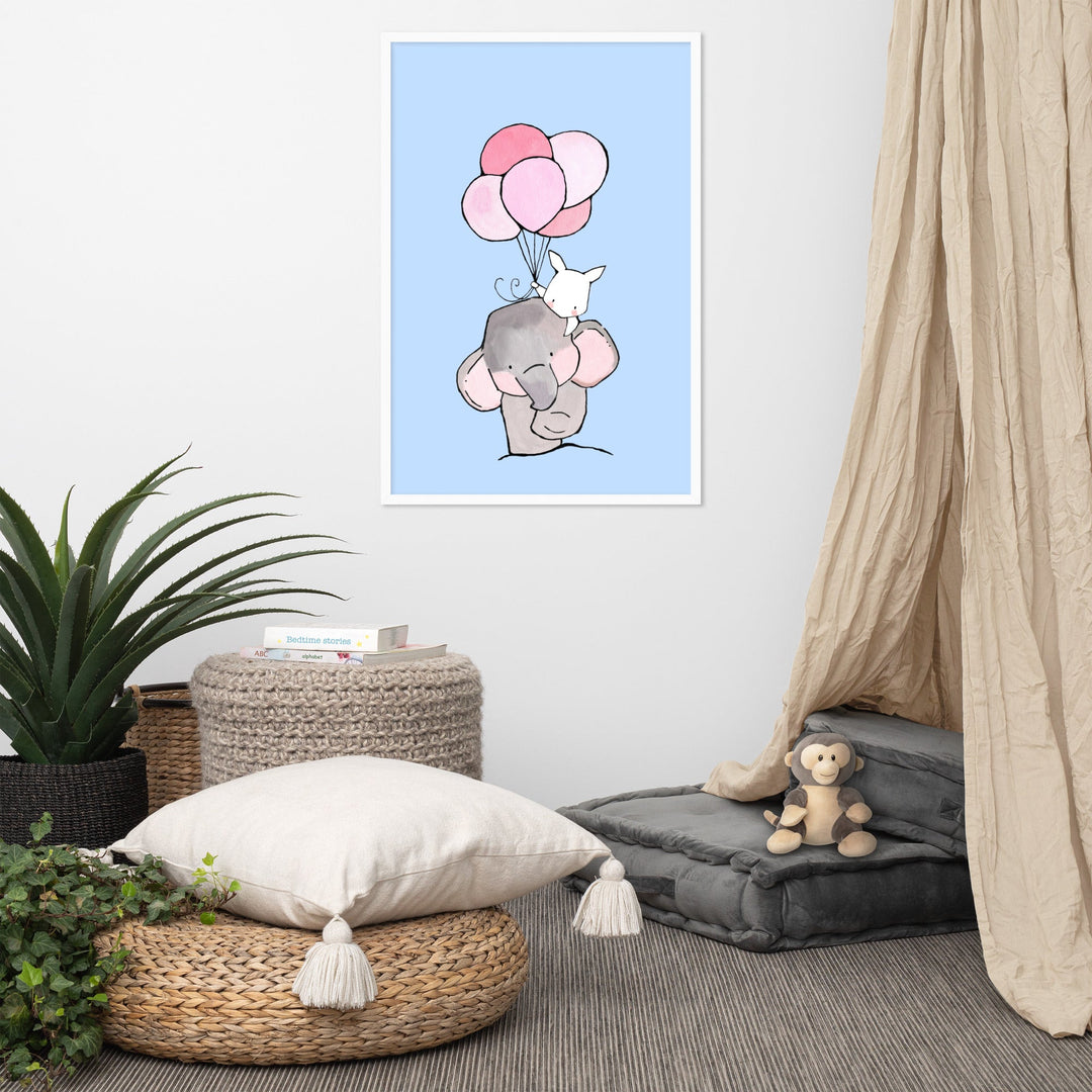 Poster mit Rahmen - Elefant und Hase mit Luftballon Kuratoren von artlia artlia