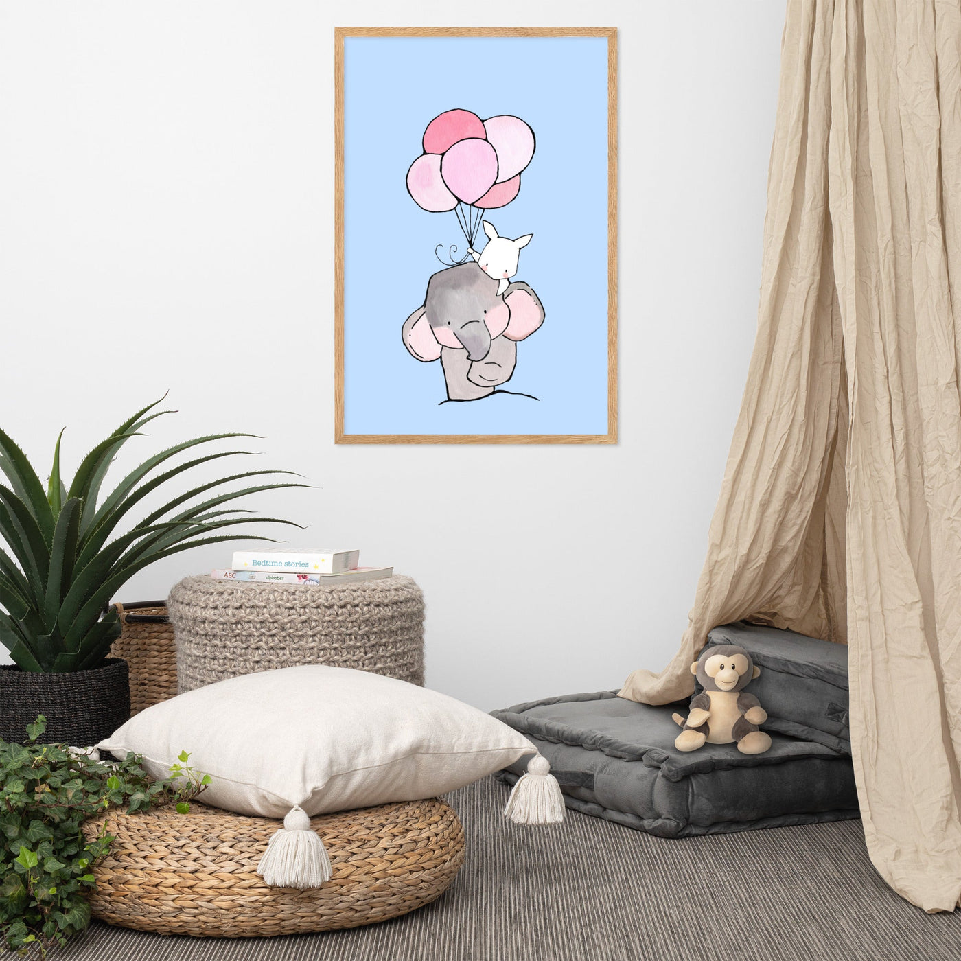 Poster mit Rahmen - Elefant und Hase mit Luftballon Kuratoren von artlia artlia