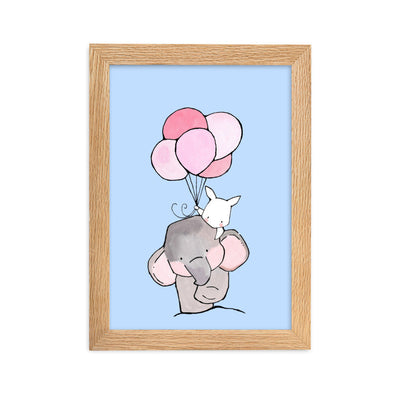 Poster mit Rahmen - Elefant und Hase mit Luftballon Kuratoren von artlia Oak / 21×30 cm artlia