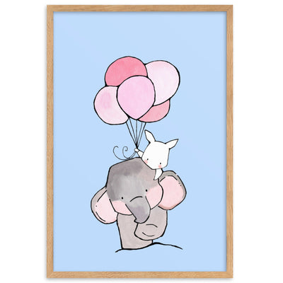 Poster mit Rahmen - Elefant und Hase mit Luftballon Kuratoren von artlia Oak / 61×91 cm artlia