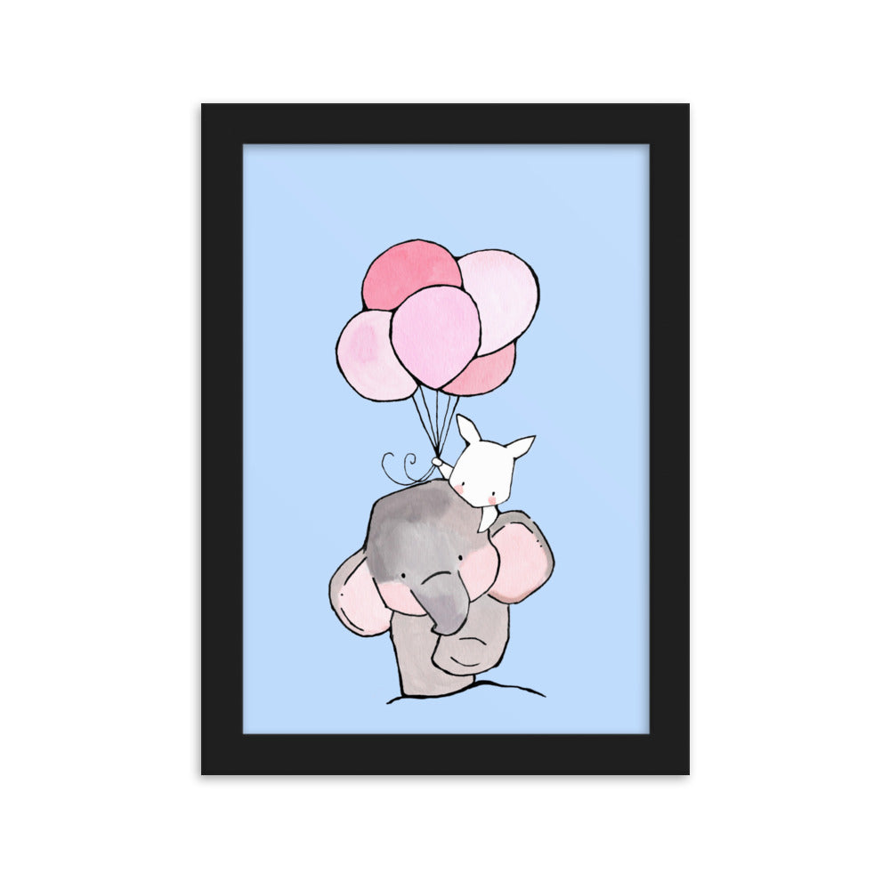 Poster mit Rahmen - Elefant und Hase mit Luftballon Kuratoren von artlia Schwarz / 21×30 cm artlia