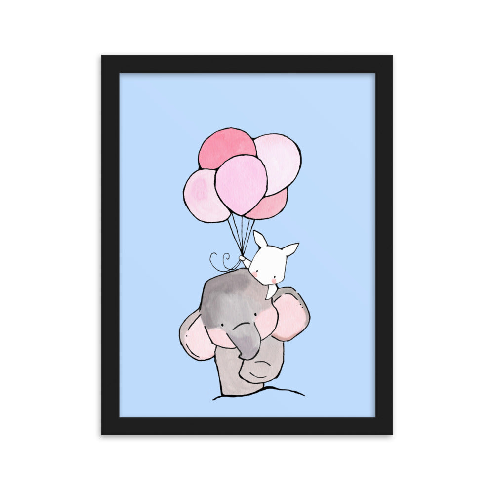 Poster mit Rahmen - Elefant und Hase mit Luftballon Kuratoren von artlia Schwarz / 30×40 cm artlia