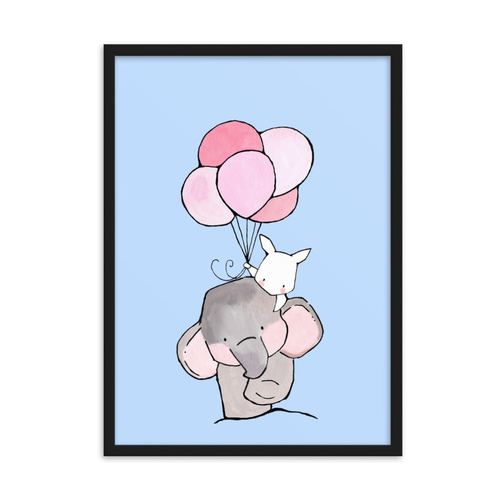Poster mit Rahmen - Elefant und Hase mit Luftballon Kuratoren von artlia Schwarz / 50×70 cm artlia