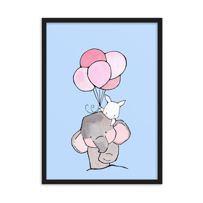 Poster mit Rahmen - Elefant und Hase mit Luftballon Kuratoren von artlia Schwarz / 50×70 cm artlia