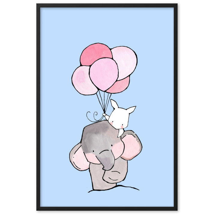 Poster mit Rahmen - Elefant und Hase mit Luftballon Kuratoren von artlia Schwarz / 61×91 cm artlia
