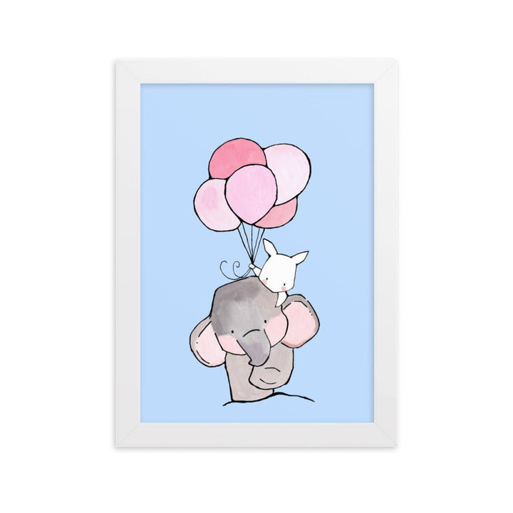 Poster mit Rahmen - Elefant und Hase mit Luftballon Kuratoren von artlia Weiß / 21×30 cm artlia