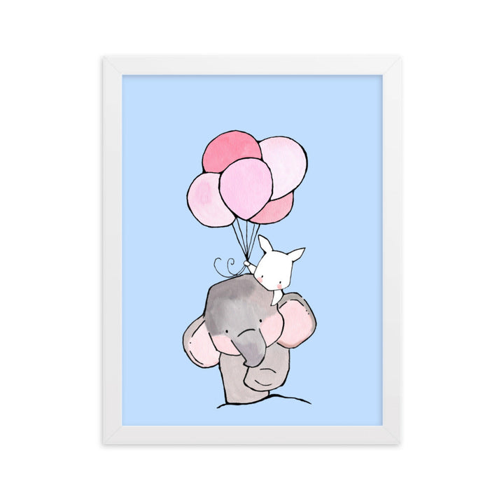 Poster mit Rahmen - Elefant und Hase mit Luftballon Kuratoren von artlia Weiß / 30×40 cm artlia