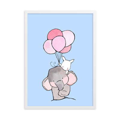 Poster mit Rahmen - Elefant und Hase mit Luftballon Kuratoren von artlia Weiß / 50×70 cm artlia