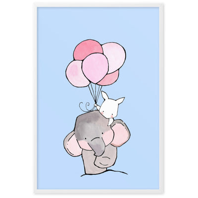Poster mit Rahmen - Elefant und Hase mit Luftballon Kuratoren von artlia Weiß / 61×91 cm artlia