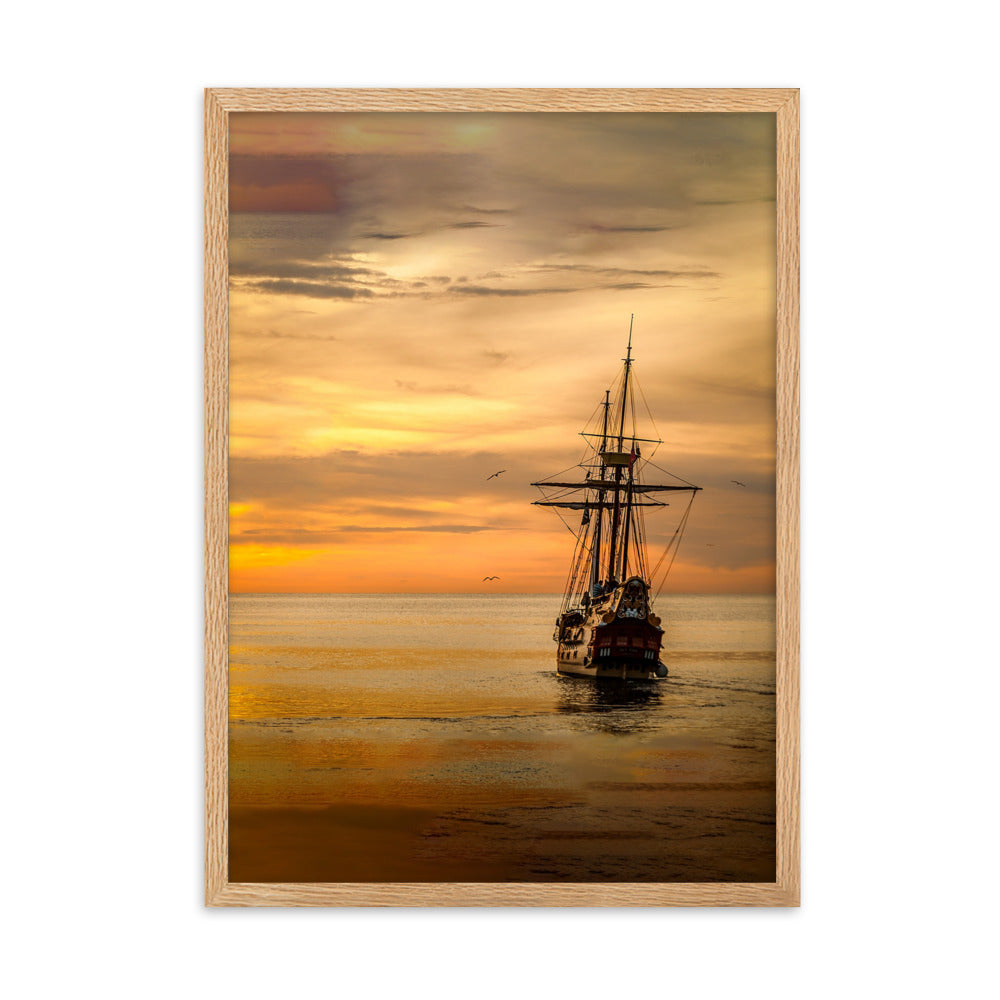 Poster mit Rahmen - Schiff im Sonnenuntergang Kuratoren von artlia Oak / 50×70 cm artlia