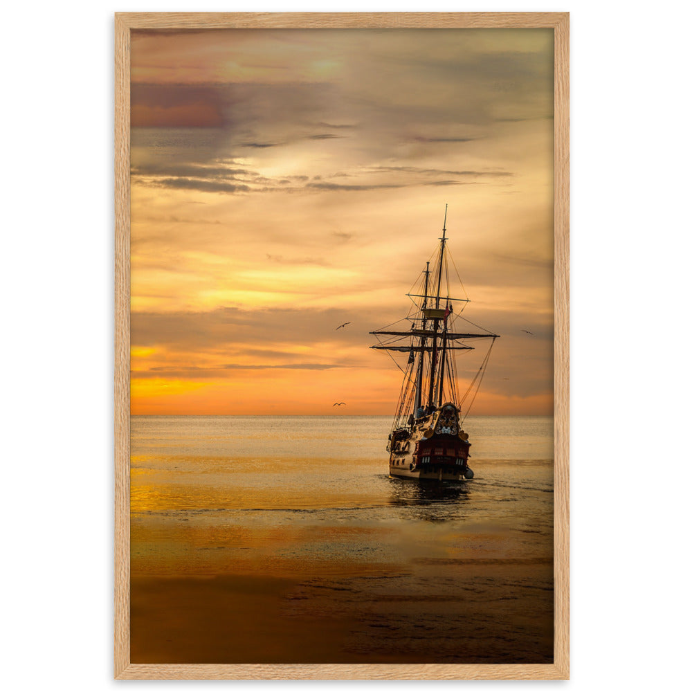 Poster mit Rahmen - Schiff im Sonnenuntergang Kuratoren von artlia Oak / 61×91 cm artlia