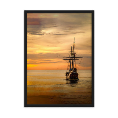 Poster mit Rahmen - Schiff im Sonnenuntergang Kuratoren von artlia Schwarz / 50×70 cm artlia