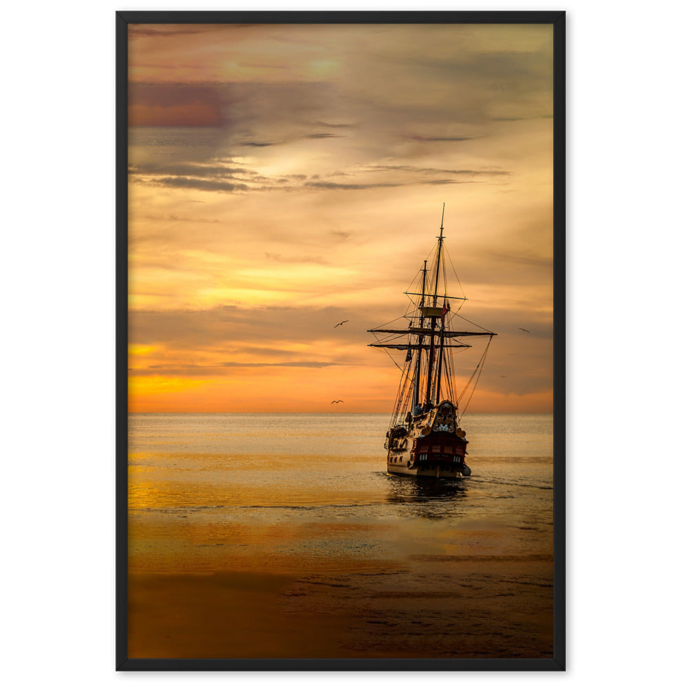 Poster mit Rahmen - Schiff im Sonnenuntergang Kuratoren von artlia Schwarz / 61×91 cm artlia