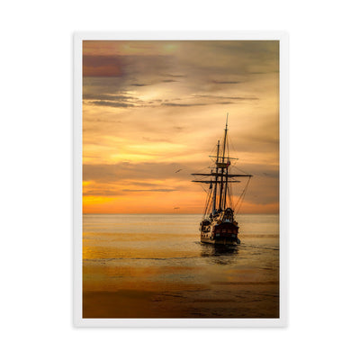 Poster mit Rahmen - Schiff im Sonnenuntergang Kuratoren von artlia Weiß / 50×70 cm artlia