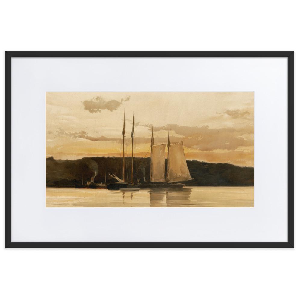 Schiffe im Sonnenuntergang - Poster im Rahmen mit Passepartout Boston Public Library schwarz / 61×91 cm artlia